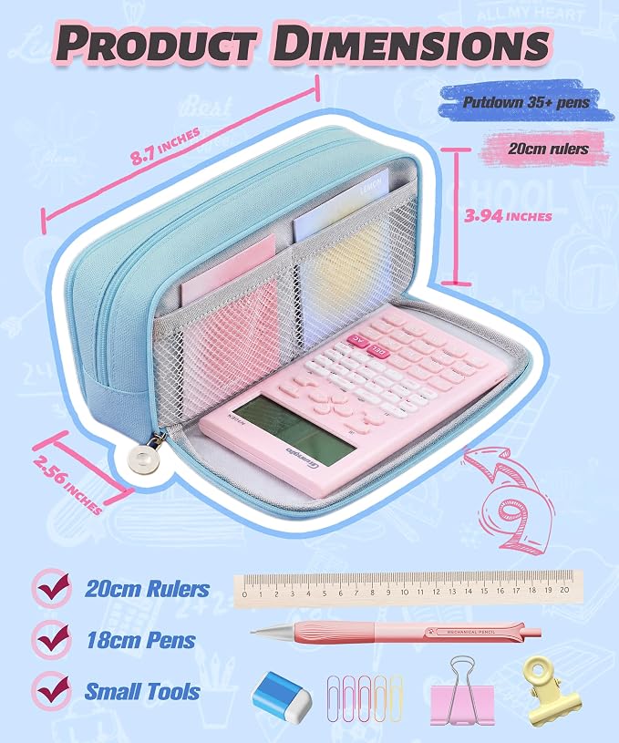 FAHZON Cute Pencil Case, 3 Large Compartments Pencil Pouch, Elastic Pen Slots&Mesh Pockets for Stationery, Pencil Bag for School Supplies with Zipper for Girls Boy Women Teens Adults-Blue