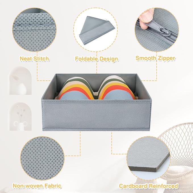 DIMJ Drawer Organizer Clothes, 15 Pack Underwear Organizer, Foldable Closet Bins, Sock Organizer Bra Cube, Fabric Dresser Box for Clothes, Bra, Socks, Tie (Grey)