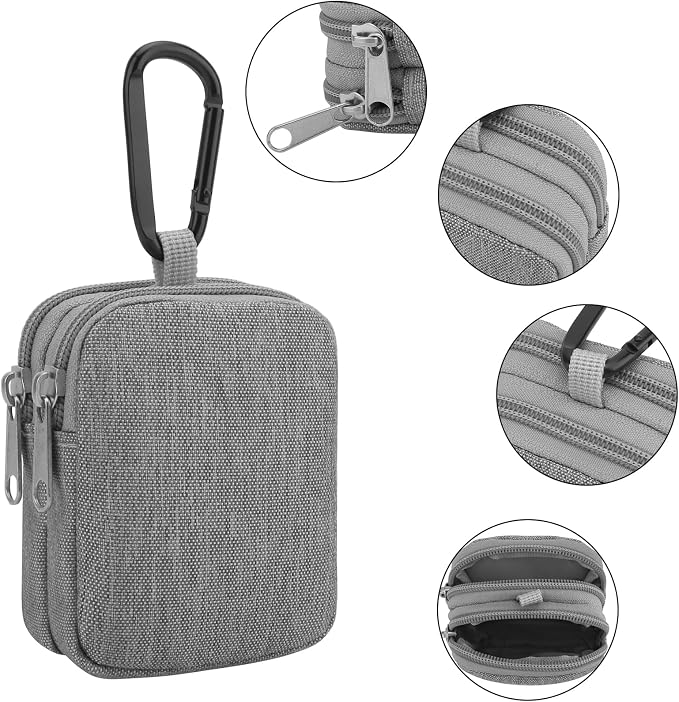 E-Tree Coin Purse with Carabiner Clip, Dual Layer Card Case Holder, Mini Pouch for AirPod Earphone Keychain USB Cable,Wallet, Small Accessories Organizer Bag for Women and Men (Grey)