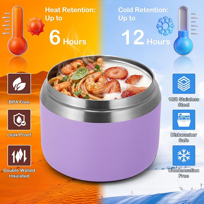 MAXSO 14oz Vacuum Insulated Food Jar with Spoon Buckle Lid, Kids Soup Thermo for Hot Food Wide Mouth Leakproof Stainless Steel Lunch Container - Purple