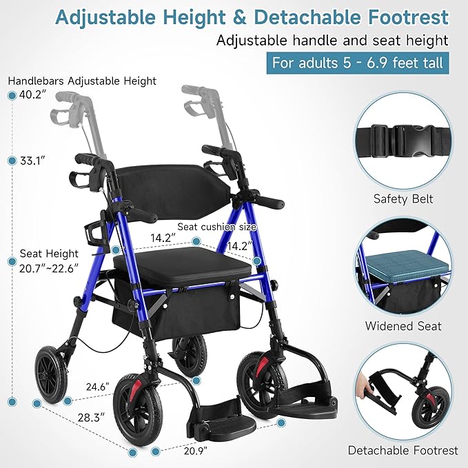 Walkers for Seniors, 2 in 1 Rollator Wheelchairs Combo 10" Big Wheels Walker with Seat, Rollator Transport Chair with Brakes Folding Rolling Walker for Adults, Blue