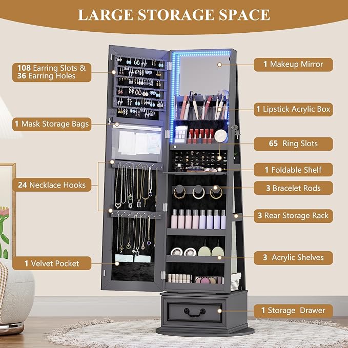 Vlsrka Mirror Jewelry Cabinet Standing with Lights, Lockable, Swivel, Grey | Standing Jewelry Armoire with Full Length Mirror, Large Jewelry Organizer Storage with Foldable Makeup Shelf, 3 LED Lights