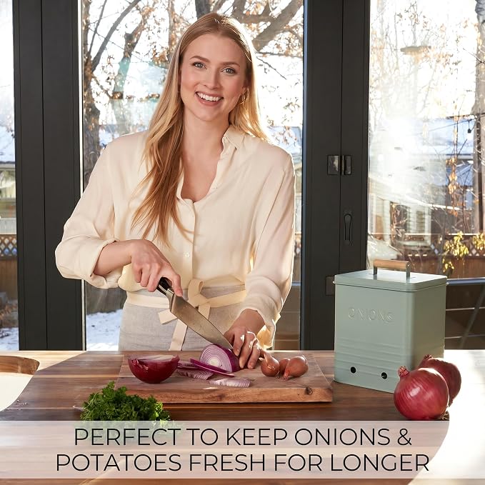 ZICOTO Beautiful Potato and Onion Storage Container Set, 10.1" & 8.9" - Perfectly Sized Spacious Canisters For Your Kitchen Counter Or Pantry - Food Safe Metal Bins Keep Produce Fresh Longer