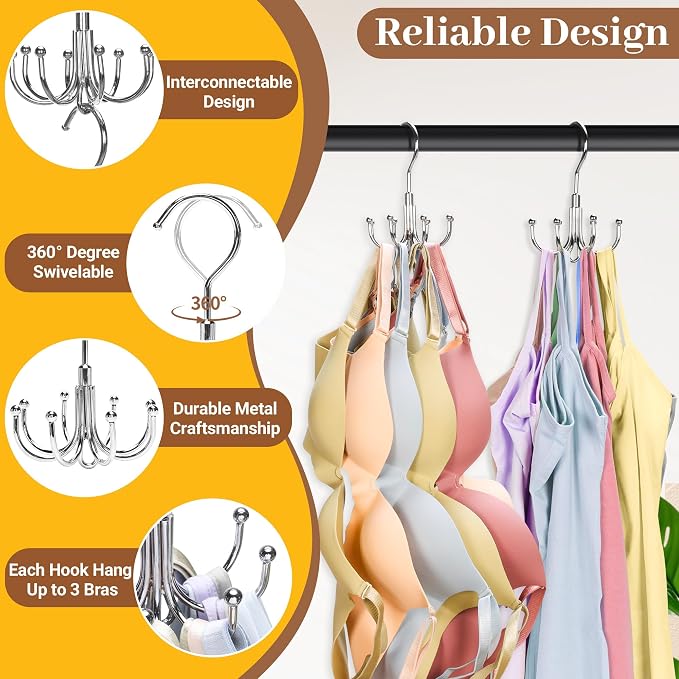 2 Packs Bra Hanger for Closet, Stackable Tank Top Organizer 16 Hooks for Closet Organization and Storage, Stainless Steel Space Saving Clothes Hook Hanger for Belt, Tank Top, Bra, Tie, Scarves