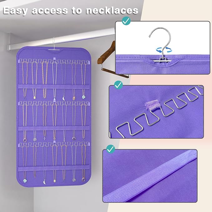 Double-Sided Hanging Jewelry Organizer for Necklaces Earrings 1-Pack Purple | Foldable 36 hooks & 40 clear pockets; swivel hook fits walls, doors & rods for earrings, bracelets, rings & small jewelry