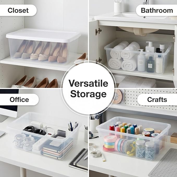 20-Pack 6 Quart Storage Boxes – Clear Plastic Storage Bin with Snap, Shoe Boxes,Stackable Bins for Closet, Kitchen Storage, Office Organization,White