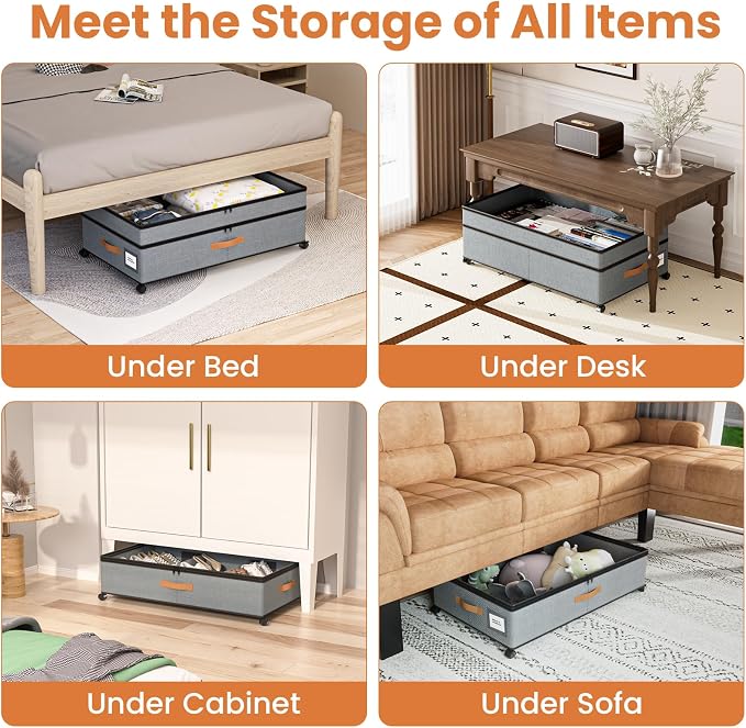 Storage Box,Under Bed Storage with Wheels 72L XXL Under the Bed Storage Containers Large, 10‘’ Tall Adjustable Storage for Underbed with Lids, Rolling for Shoes, Clothes, Blankets, Grey