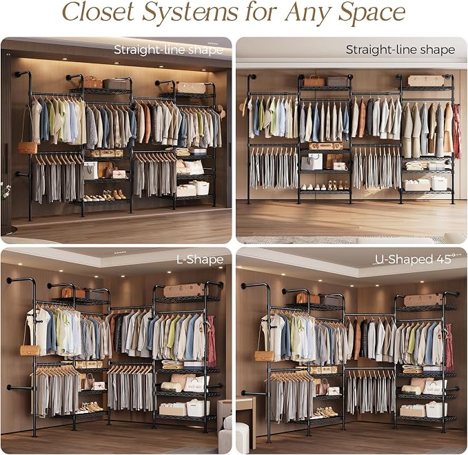 Wall Mounted Closet System, Heavy Duty 4-Row Clothes Rack, Expandable Industrial Pipe Closet Organizers and Storage with 4 Telescopic Rods, 2 Fixed Rods, 5 Hooks & 8 Shelves for Wardrobe, Bedroom