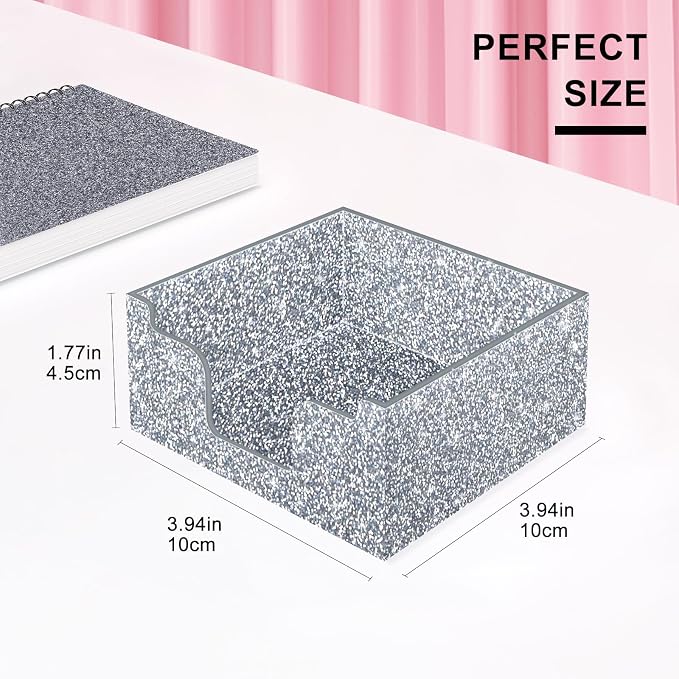 Rouidr Acrylic Sticky Note Holder, Self Stick Note Pad Holder, Silver | 3.94 x 3.94 Inch Glitter Memo Pad Dispenser Organizer for School Office Home Desk Supplies