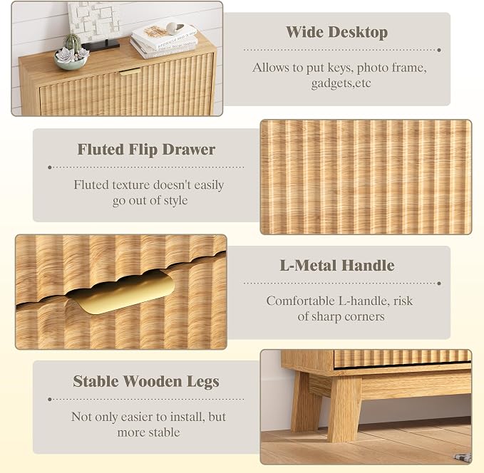 HUANLEGO Shoe Cabinet Storage for Entryway with 3 Flip Drawers, Fluted Narrow Shoe Organizer with Wooden Legs, Freestanding Slim Shoe Storage Hidden Shoe Rack Organizer for Front Door Entrance, Oak
