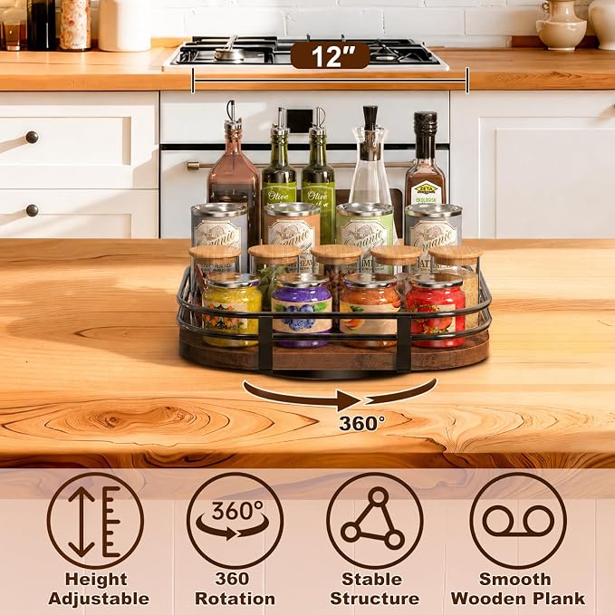12" Large Lazy Susan Turntable Organizer - Rotating Spice Rack for Table Top, Wood Spice Cabinet Organizer for Pantry Kitchen Countertop Coffee Bar Cupboard Bathroom Vanity Storage