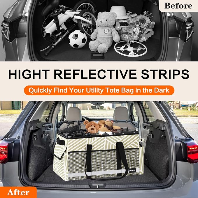 Extra Large Utility Tote Bag with Reflective Strip, Standing Reusable Grocery Bags with Hard Bottom, Collapsible Utility Tote with Handles for Shopping, Beach, Picnics, Car, Striped Gray