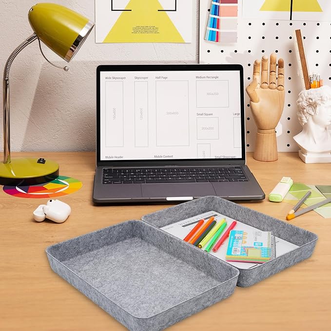 Welaxy 2-Piece Office Desk Drawer Organizer Tray Letter-Size documents A4 Paper Book File Folder Holder Storage Bins (Gray)