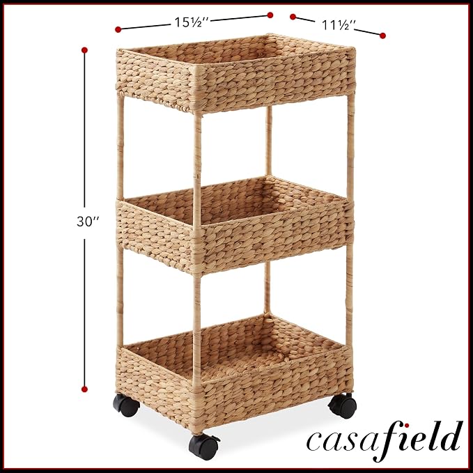Casafield 3-Tier Rolling Storage Cart - Natural, Water Hyacinth Nursery Caddy, Utility Cart for Bathroom, Craft Room, Laundry Room Organization
