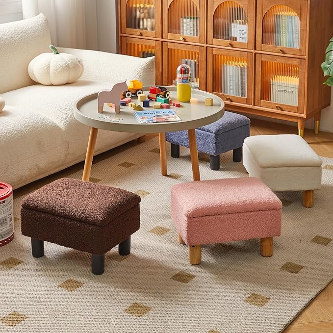 Aibiju Small Foot Stool Ottoman with Storage, Teddy Velvet Foot Rest with Wood Legs and Safety Hinge Flip Top, Bedside Step Stool Rectangle 16x12x9.5inch for Living Room Bedroom Teddy Brown YD-JD136B
