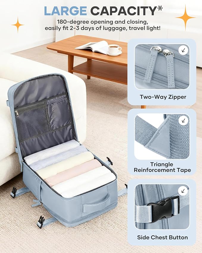 coofay Travel Backpack Carry on Flight Approved Mochila De Viaje Carry on Backpack for Airplanes Spirit Airlines Personal Item Bag 18x14x8 Inches Travel Bag Traveling Backpack for Women Men Grey Blue