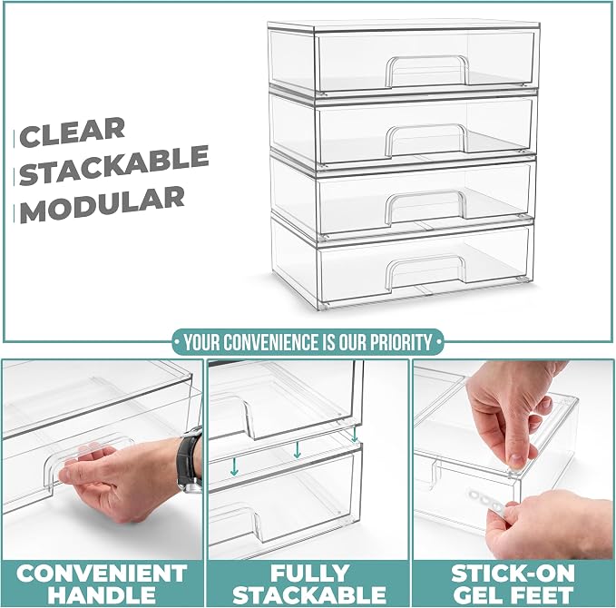 Sorbus Wide Stackable Acrylic Storage Drawers, 6 Pack Clear Plastic Organizer Bins for Baby Bottles, Makeup, Bathroom, Vanity & Countertop Organization, Pull-Out Drawer Design for Cabinets & Pantry
