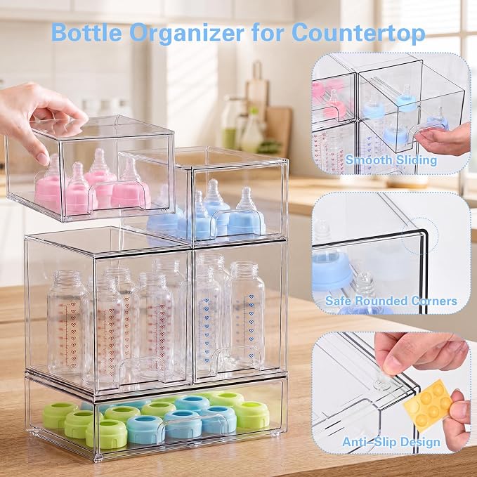 Baby Bottle Organizer, 5 Pack Clear Acrylic Stackable Storage Drawers, Baby Bottle Storage Organizer for Countertop, Nursery, Vanity & Cabinet