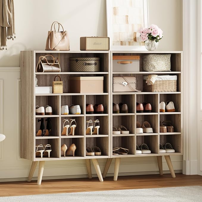 5 Tiers Shoe Cubby, Shoe Storage Cabinet with 9 Cubbies, Wooden Shoe Rack Organizer with 2 Shelves and Legs, 10-15 Pairs, Freestanding Cubby Shoe Rack for Closet, Entryway, Bedroom, Natural