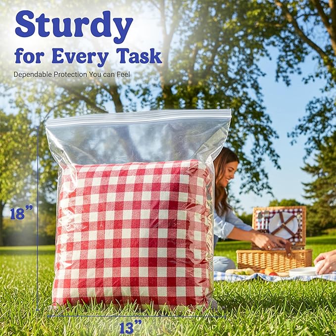 Heavy Duty Zip Seal Lock Clear Storage Bags, 8 Mil Plastic Zip Top Bag, Reclosable Poly Gallon Bag for Food, Backpacks, Bedding, 13"x18", Pack 20