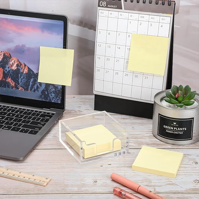 Acrylic Sticky Note Holder 3.94 x 3.94 Clear Acrylic Notepad Holder Sticky Note Dispenser for Desk Organizer Office Home(2 Pack)