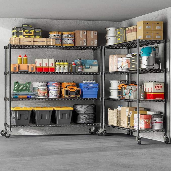 48" W Storage Shelves 1500LBS Metal Shelving Unit with Wheels, Adjustable Garage Shelving Heavy Duty Wire Rack with Liners for Pantry Warehouse Commercial Office, 48" W x 18" D x 76.77" H