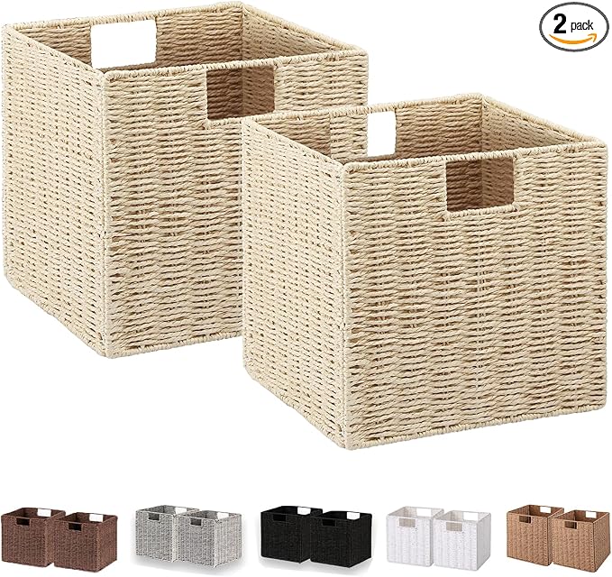 Vagusicc Wicker Storage Basket, Set of 2 Hand-Woven Paper Rope Storage Baskets, Foldable Cube Storage Organizer Bins, 11 Inch Wicker Storage Baskets for Shelves and Decor, Square Storage Basket, Beige