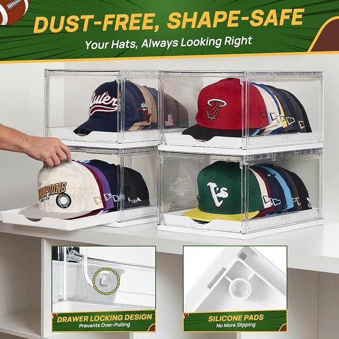 Vtopmart 6 Pack Stackable Baseball Caps Organizer, Each Holds 12 hats | Each Holds 12 hats, with Sliding Drawer Easy access, Stackable, with Magnetic Door, Dust protectio