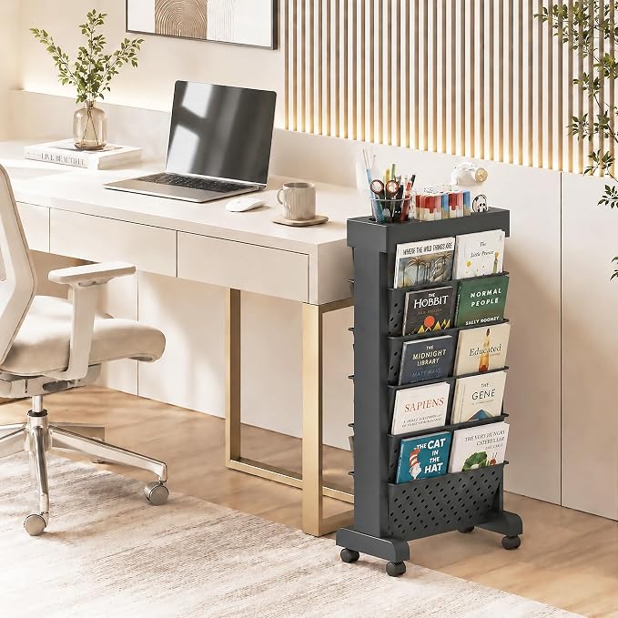 6-Tier Rolling Bookshelf Magazine Rack with Wheels Black | Mobile Bookcase, Book Storage File Folder Organizer Cart for Home Study Office Living Room Classroom