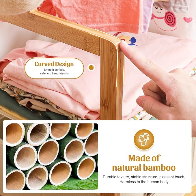 Bamboo Kids Clothing Rack: Holds Up To 121 Lbs of Dress-Up Clothes | 2 Adjustable Hanging Rods & 2 Storage Baskets With Shelf. Child Garment Holder for Playroom & Toddler Bedroom (Natural)