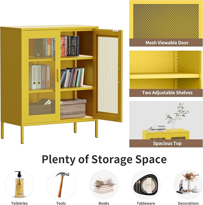 Washsemba Metal Storage Cabinet with Mesh Doors,Steel Display Cabinet with Adjustable Shelves,Metal Office Storage Locker for Home Office,Garage(Yellow, 40''H)