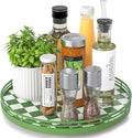 Premium Rubber Wood Lazy Susan Turntable, Green White Checkerboard Decorative Serving Tray, Hand-Welded Metal Railing, Stable Rotating Organizer for Dining Table, Kitchen Counter, Coffee Table Decor