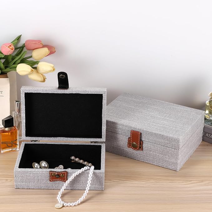 Hipiwe Jewelry Storage Box Treasure Chest Wooden Box with Linen Covered | Rectangular Keepsake Case with Clasp Lid, Dcorative Photo Storage Organizer for Men Women Christmas Gift, Gray Small