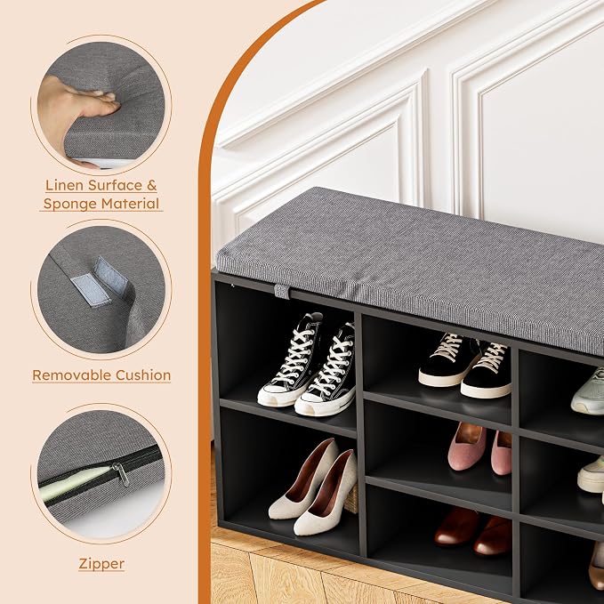 Shoe Bench with Cushion, 10 Cubbies Entryway Storage Bench, Shoe Rack with Adjustable Shelves for Living Room, Bedroom, Entryway, Black