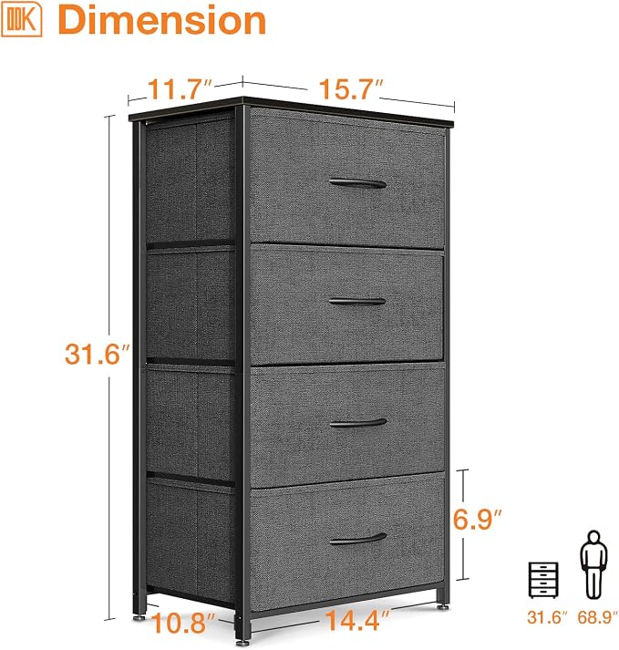 ODK Small Dresser for Bedroom with 4 Storage Drawers, Dark Grey | Dresser Chest of Fabric Drawers with Sturdy Steel Frame for Small Space, Wood Top