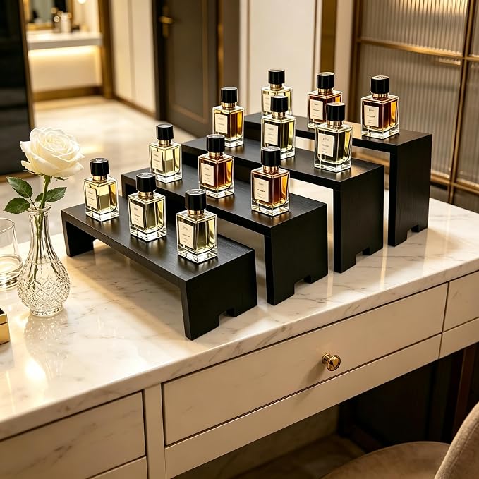 Yikaroeli 2 Set Large Black Display Risers Wooden Tiered Risers for Display Stand 4 Tiered 8Pcs Racks Perfume Organizer Food Risers for Vendor Events for Party(black)