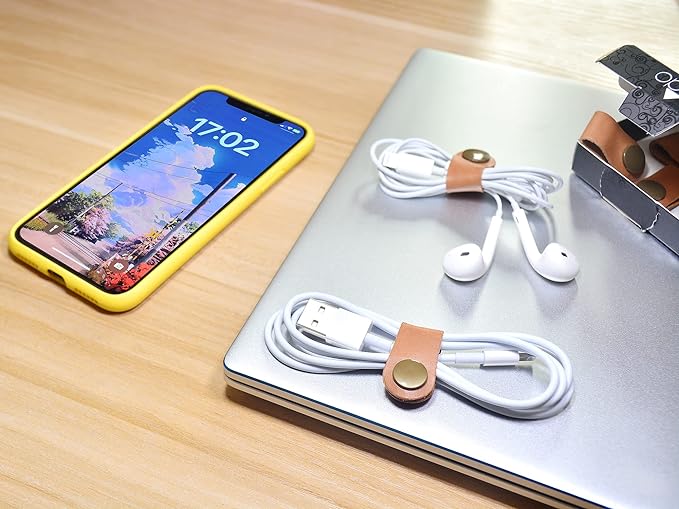CAILLU Leather Cord Organizer,Cable Ties for Earbuds,Cord Keeper for Travel | Cable Organizer for Earbuds,Headphone Wrap,Button Snap Closure for USB Cord Holder,Desk,Pocket,Stocking Stuffers for Men Gift