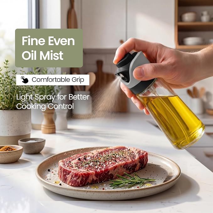 DWËLLZA KITCHEN Olive Oil Dispenser for Kitchen 2-in-1 Pour and Spray | 11.5 oz / 340 ml | Glass Olive Oil Sprayer for Cooking, Airfryer, Salad & BBQ | Set of 2 Bottles, Black