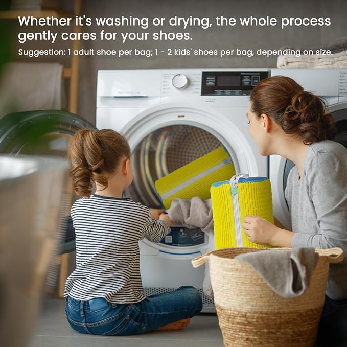 2Pcs Shoe Washing Machine Bag, Sneaker Laundry Bag for Washing Machine, Extra Long and Thick Microfibre Fluff, Reusable for Washer and Dryer (2 Pcs, Light Yellow Blue)