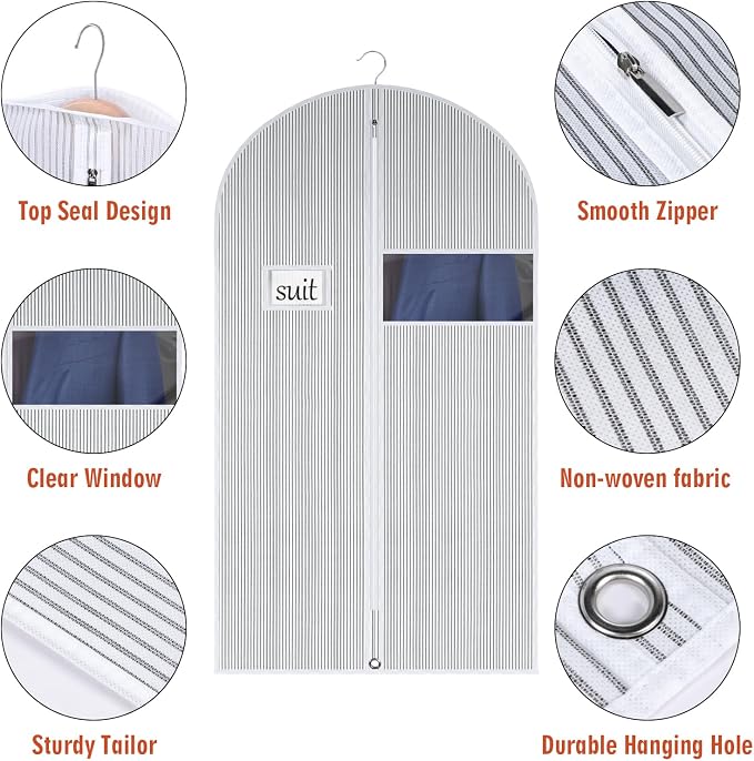 Univivi Suit Bags for Closet Storage and Travel, 40 Inch, 10 Pack, White | Non-woven fabric, Breathable Suit Cover, Dustproof Hanging Storage Bag, Clear Window and ID Card Holder for Closet Storage