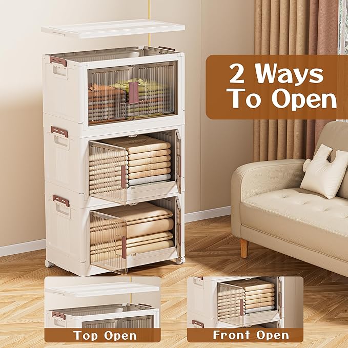 32GAL/128QT 4 tier large stackable storage bins with lid and wheels, collapsible storage bins plastic with doors，suit for clothes, closet, home and office