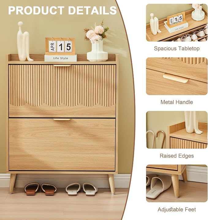 BERRYMERRY 30" Narrow Shoe Storage Cabinet with 2 Flip Drawers and Wave Fluted Design for Hallway Entryway Living Room Foyer (Fluted Natural 2 Drawer)