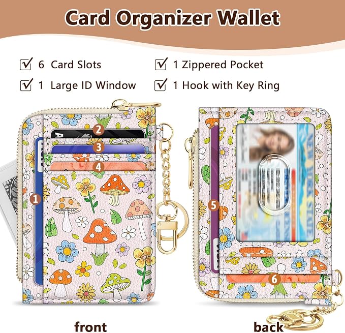 GIANCOMICS Slim Wallet Credit Card Holder Women, Cute Mushroom Rfid Blocking Small Card Case, Keychain Thin Pocket Curved Zipper Wallet, Travel Card Holder PU Leather ID Window, Ladies Female Gifts