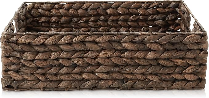 Casafield Set of 4 Water Hyacinth Pantry Baskets, 12-1/2" x 17" x 5", with Chalkboard Labels and Chalk Marker - Espresso, Woven Storage Bin Organizers for Kitchen Shelves