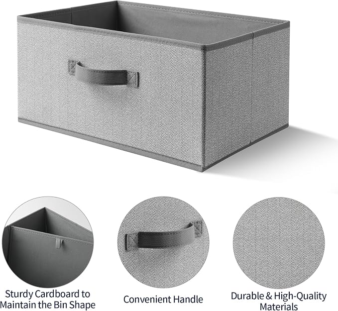 Storage Baskets, 15.7 Inch Woven Fabric Bins, Storage Cubes with Reinforced Handles, Organizer Bins for Closet Shelves, Foldable, for Toys, Clothes (4PCS/Grey-15.7*11*7.8inch)