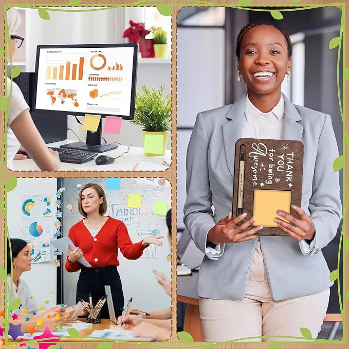 Kosiz 10 Set Back to School Teacher Gifts Wooden Sticky Note Holder with Notes and Ballpoint Pens Inspirational Sticky Notes Sets for Teacher Back to School Party Supplies, Brown