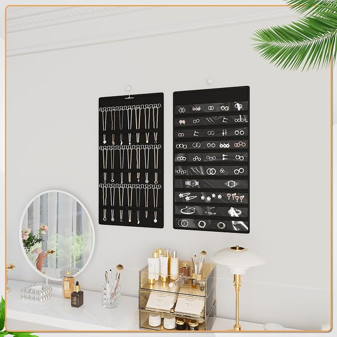 Hanging Jewelry Organizer, Double-Sided Necklaces Holder, Black | 42 clear pockets organize rings & earrings; 36 wire necklace hooks reduce tangles; top hook hangs in closets, walls or doors.