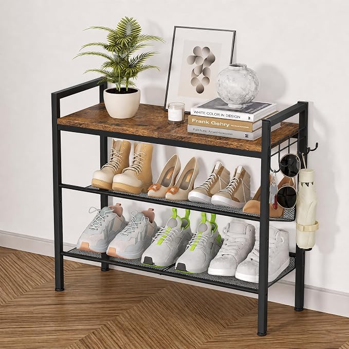 3 Tier Shoe Rack, Shoe Rack for Entryway with Hook, Shoe Organizer with Adjustable Mesh Shelves, Metal Shoe Storage, Closet, Bedroom Living Room Garage