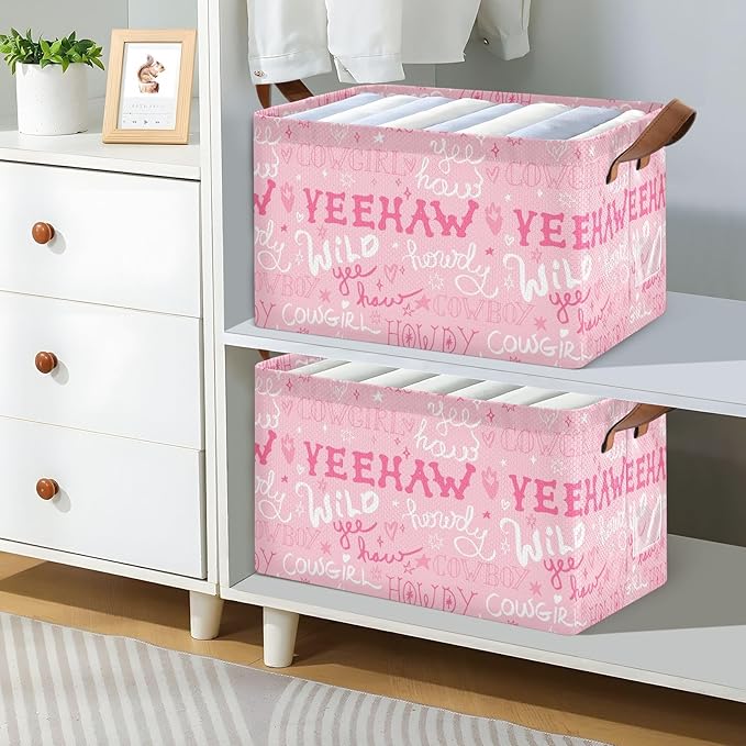 Howdy Cowgirl Quoted Pink Western Storage Basket Foldable Cube Storage Bins with Handles&Labels Waterproof Collapsible Organizer Box Bin Large Rectangle Decorative Baskets for Shelves Home Living Room