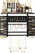 Emfogo Jewelry Organizer Hanging Wall Mounted Jewelry Holder, 5-in-1 Large Capacity Necklace Organizer Wall Display for Ring, Necklaces, Bracelets, Earrings(Black)